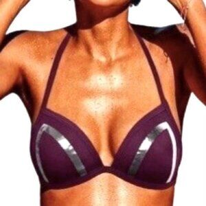 PINK Victoria's Secret Burgundy Silver Foil Triangle String Bikini Top Sz Large